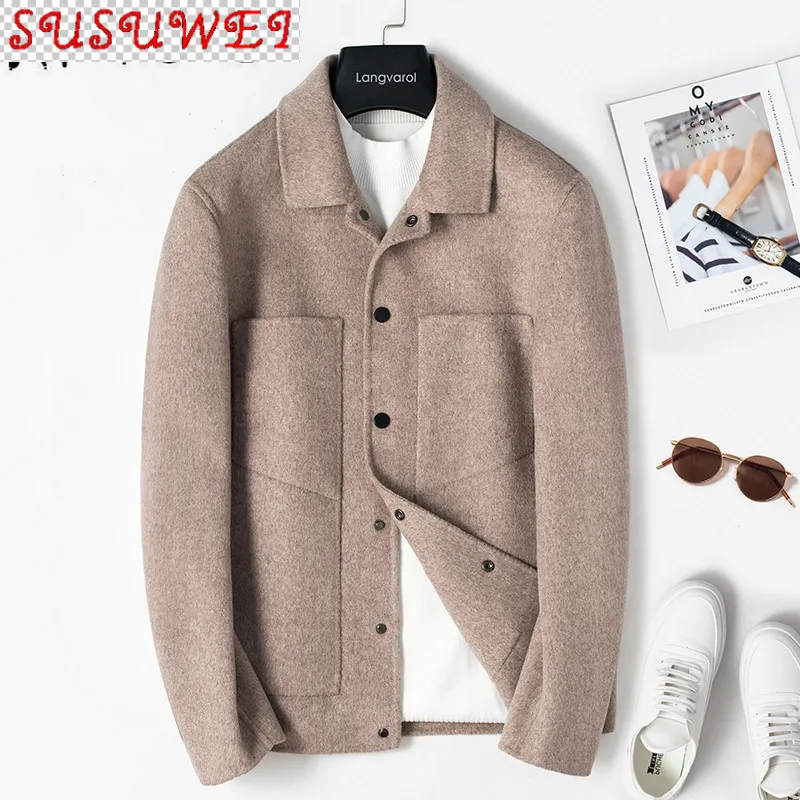 

SUSUWEI 2021 Spring Men's Wool Coat Short Black Jacket Man Korean Fashion Woolen Overcoat Chaquetas Hombre 2A3829 KJ4303