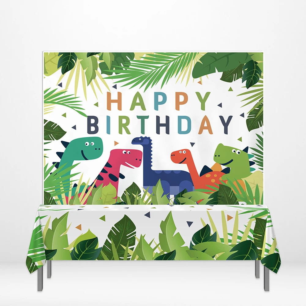 

Allenjoy Safari Party Backdrops Dinosaur Lion Elephant Deer Giraffe Happy Birthday DIY Wallpapers Forest Trees Leaves Tablecloth