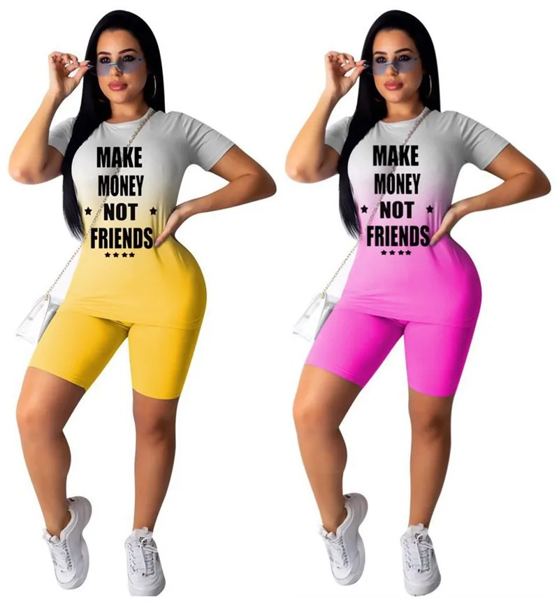

2020 New Sports Suit European and American Hot Women's Casual Street Gradient Color Printed Letter T-shirt Shorts Two-Piece Set