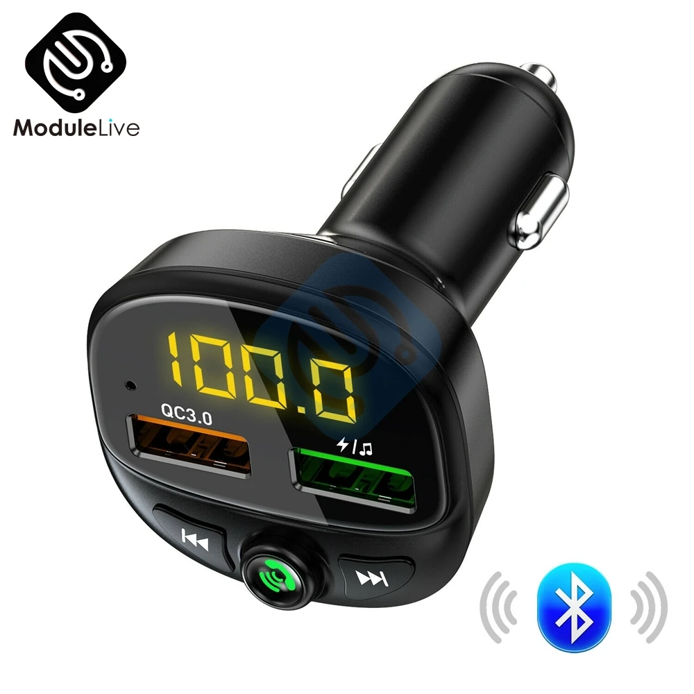 Фото Автомобильное зарядное устройство Quck с двойным USB-портом, Bluetooth 5,0, вольтметр QC3.0, контроль напряжения, универсальный для мобильных телефонов... №1