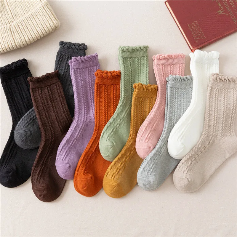 

Autumn New Women's Socks Retro Candy Color Tube Socks Breathable Three-Dimensional Vertical Stripe Pattern Cotton Frilly Socks