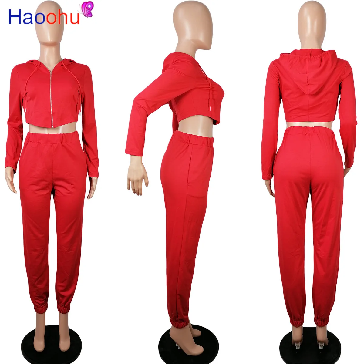 

HAOOHU autumn Women Solid zipper up long sleeve hooded top pencil pants suit two piece set casual sporty tracksuit outfit