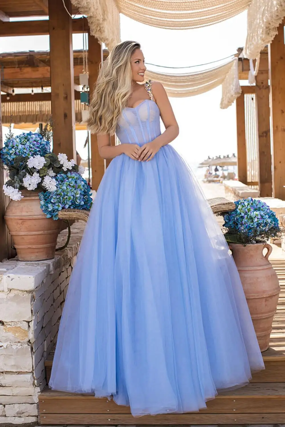 

Simple Style Light Blue Tulle Evening Dress Custom made Sweetheart A Line Floor Length Formal Long Evening Gowns
