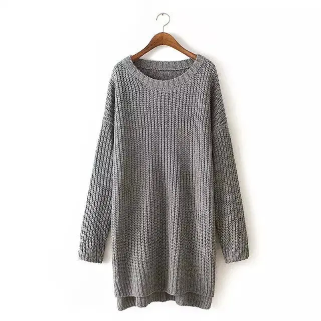 Europen Women Autumn Winter Long Pull Sweaters O neck Side Split Oversize Knitted Sweater Pullovers Fall Thick Sweaters