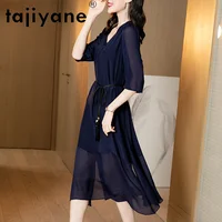 Dresses Summer 2021 for Women's Clothing High Quality Real Silk Midi Dress Woman Cloth Korean Style Robe Femme TN2574