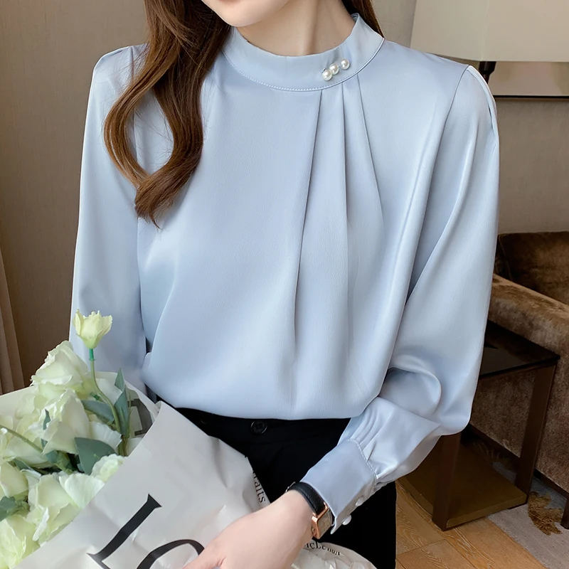 

2022 Office Ladies Beading Pearls Satin Shirts and Blouses Spring Summer Women Solid Color Stand Long Sleeve Chiffon Top Blusas