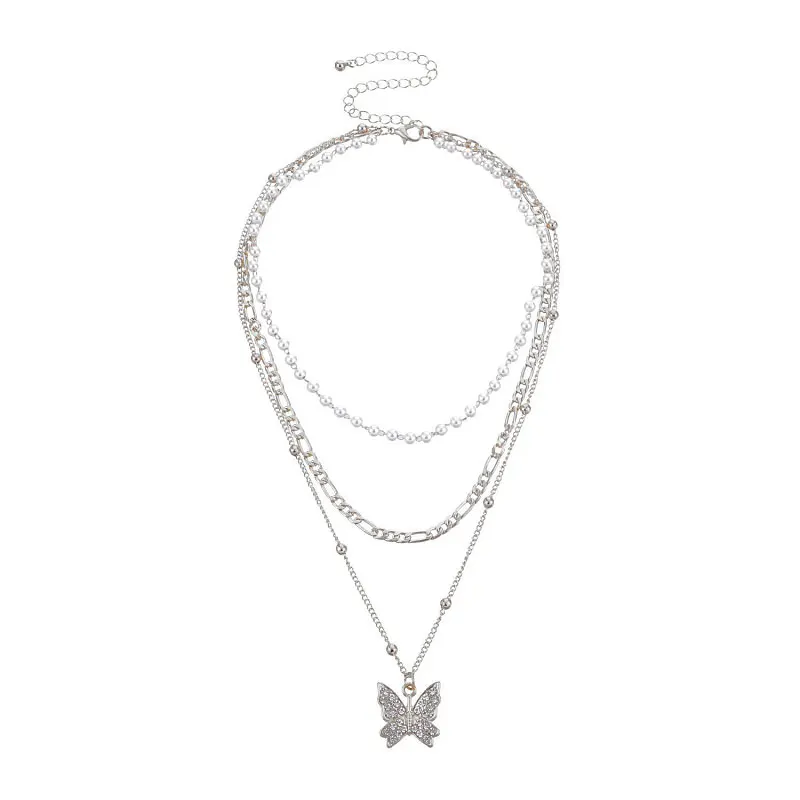 

Vintage Pearl Full Rhinestone Butterfly Pendant Necklace Fashionable Three To One Round Bead Chain Necklace For Women Jewelry