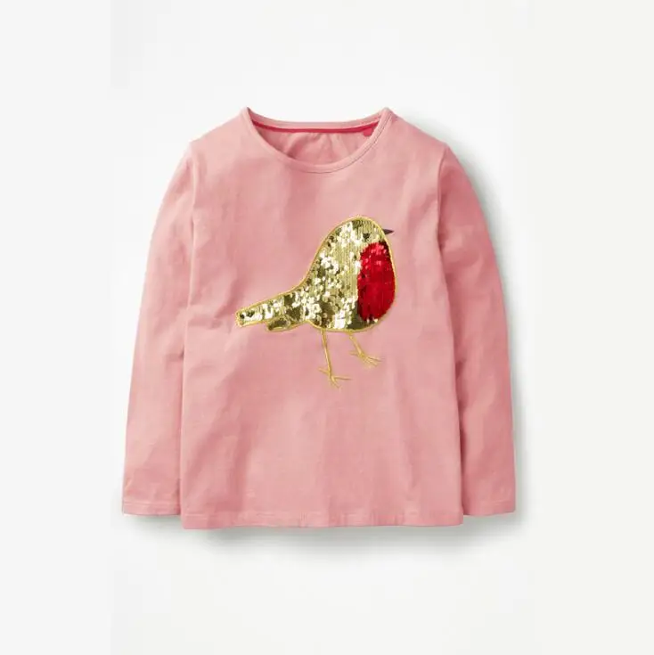 2019 Осенняя хлопковая Футболка с блестками и птицами для маленьких девочек