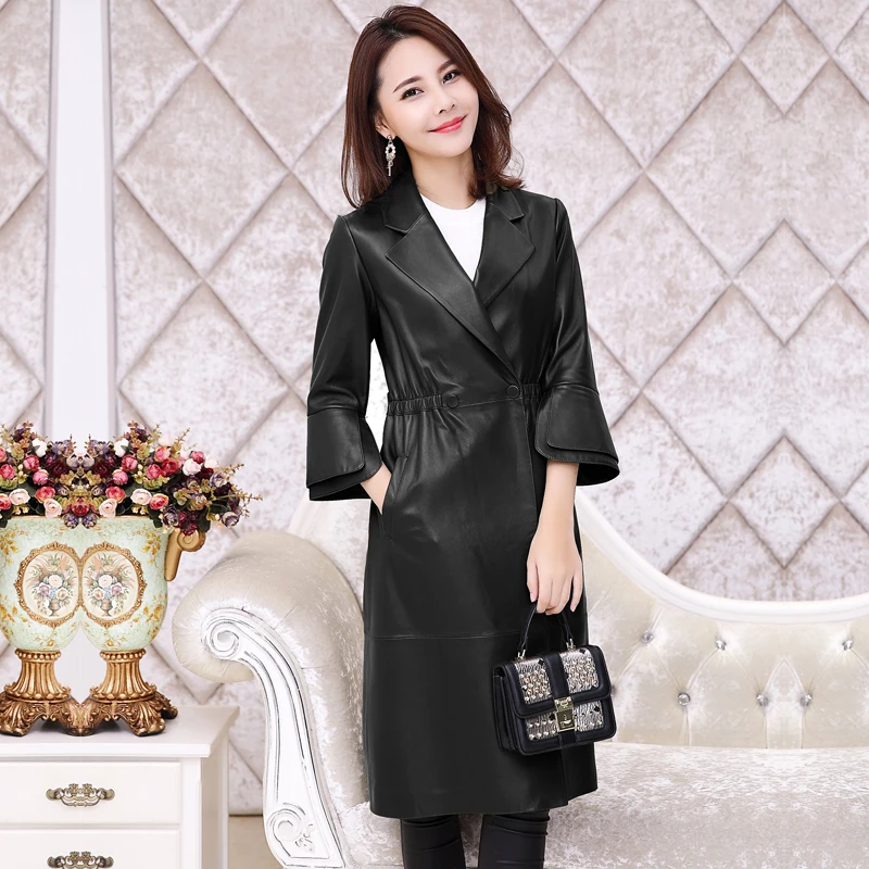 Женский Длинный тренчкот из натуральной овечьей кожи на весну и осень LWL1480 |