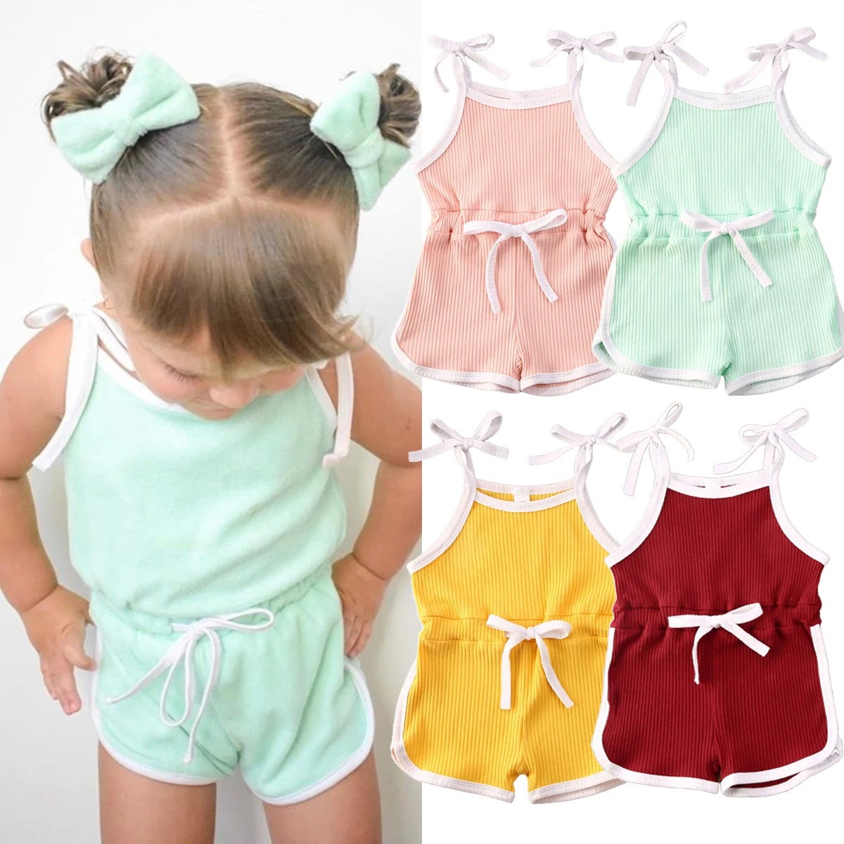 

Летний трикотажный комплект одежды без рукавов для маленьких девочек 1-6 лет, комбинезон на бретельках, цельный комбинезон, хлопковая одежда...