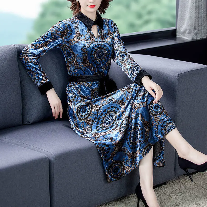 РЕТРО ПРИНТ вельветовое платье для женщин элегантные шикарные с лацканами миди