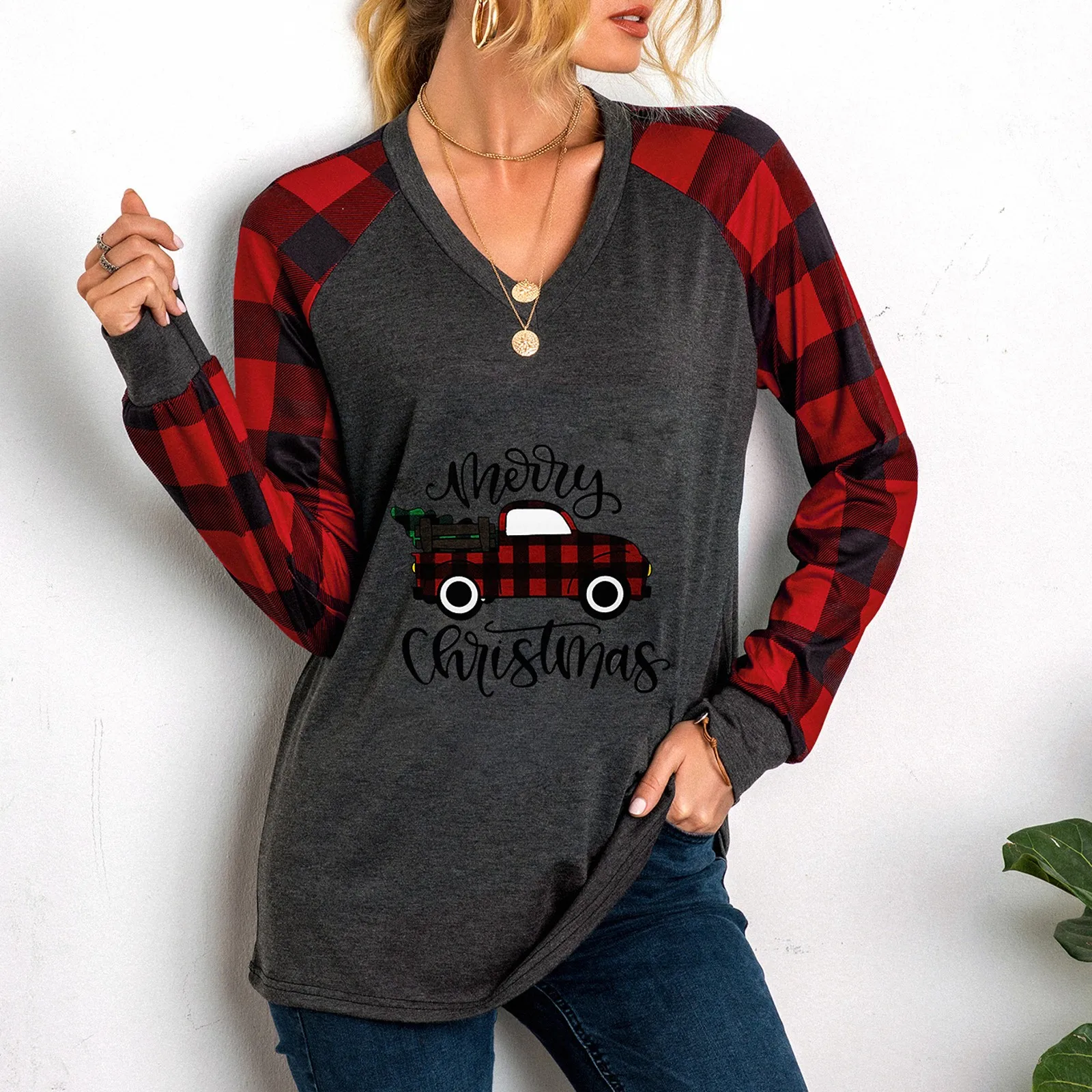 Женские осенние свитшоты 2020 футболки с рождественским принтом и V образным
