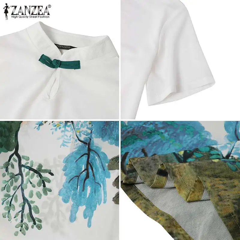 

Elegant Print Women Dress 2021 Summer ZANZEA Vintage Knee Length Vestido Casual Short Sleeve Stand Collar Lady A-line Robe Femme
