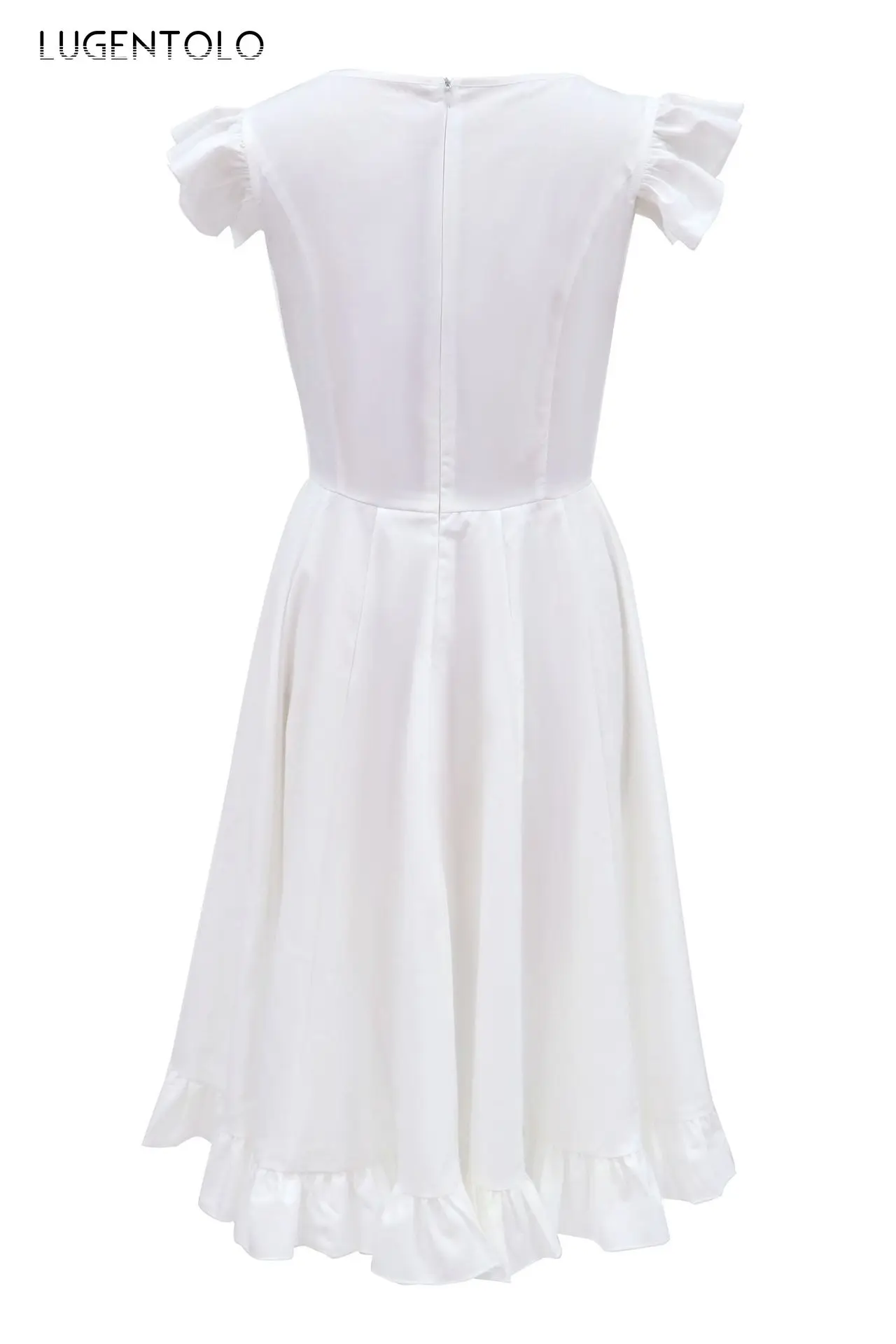 

Lugentolo New Women's Party Dress Spring Autumn Short-Sleeved Slim-fit Waist Dress Big Swing White Solid Lady Elegant Dress