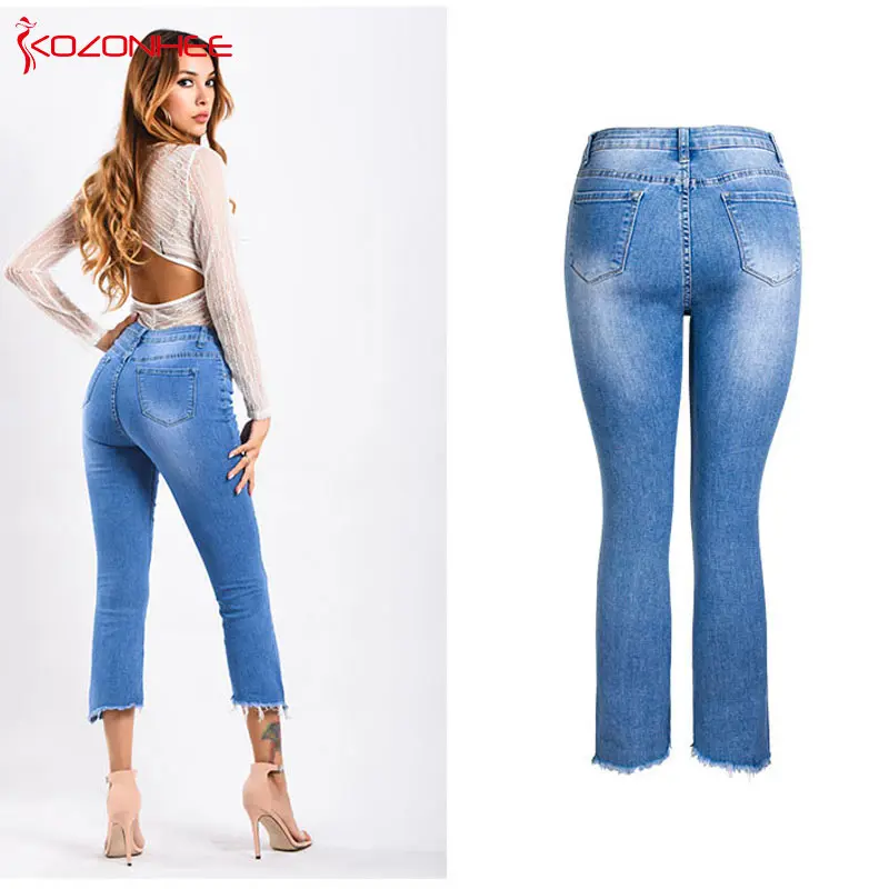 Модные вышитые расклешенные джинсы женские потертые Стрейчевые нестандартные