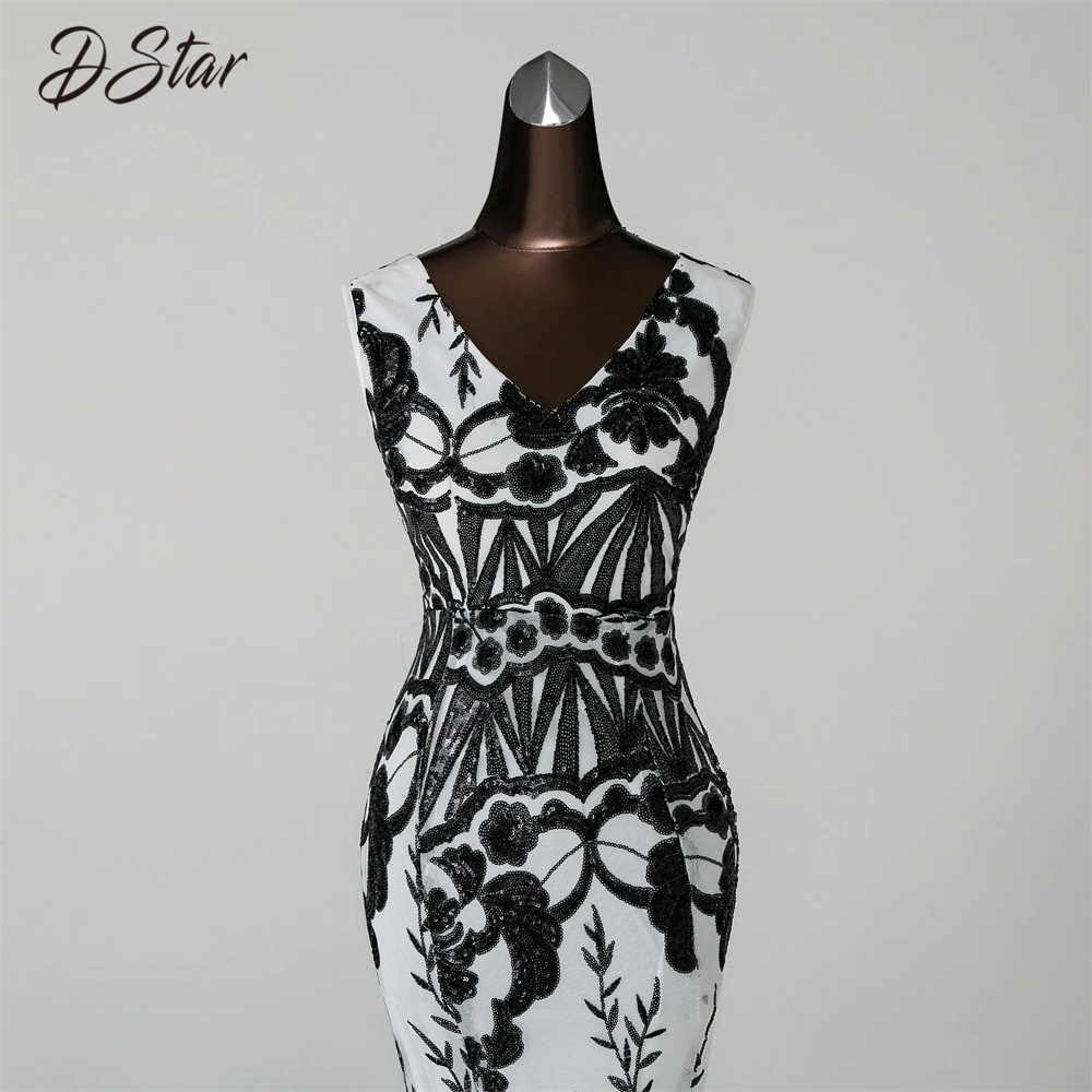 Элегантное Черное/Белое платье русалки с блестками и черным цветком Вечернее