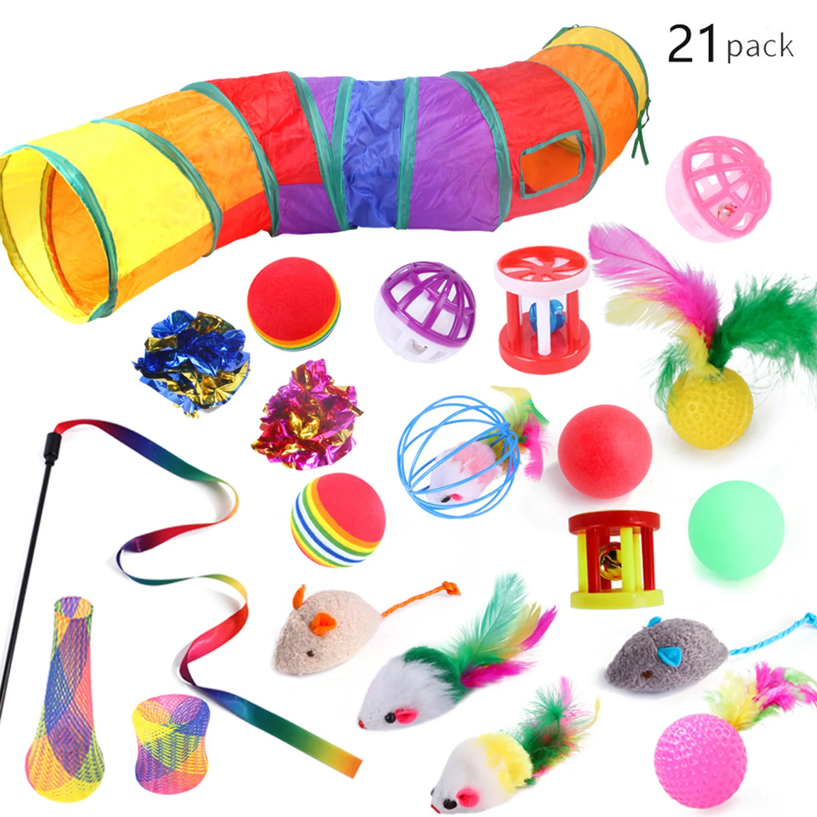 

21 Pcs/Set Cat Toys Collapsible Tunnel Pet Rainbow Tunnel Cat Feather Teaser Wand Cat Toys Feather Stick Pet Playing Supplies