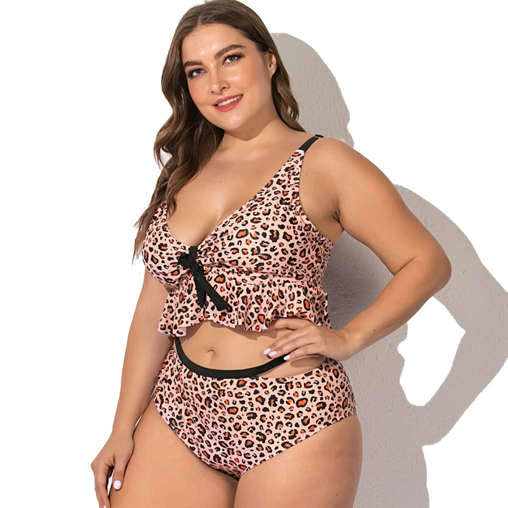 Женский леопардовый купальник из двух предметов с высокой талией и оборками |