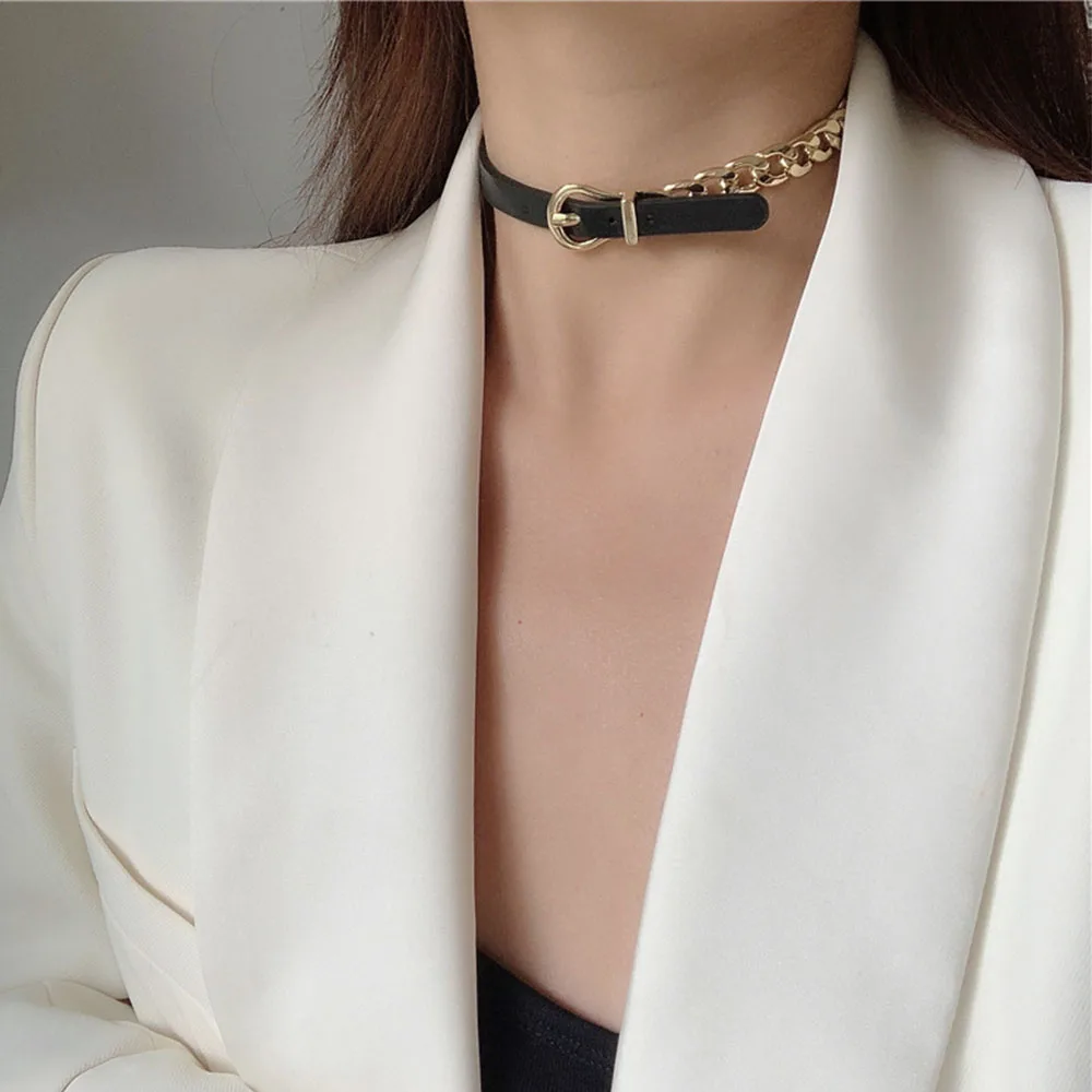 

ARLIE Fashion Golden Chain Choker Necklaces for Women Black Short Leather Button Splicing Necklace Bracelet Punk Party Jewelry