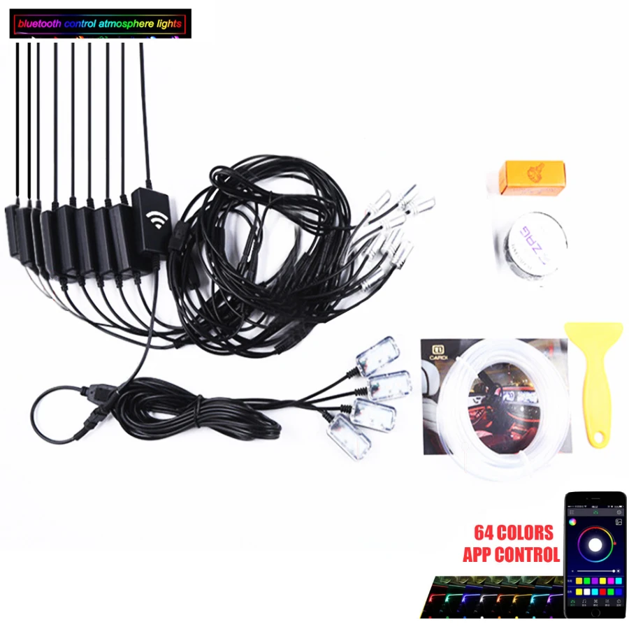 

Автомобильная подсветильник ка, ножная лампа RGB (8 + 4) с 10 м оптоволоконным кабелем, 64 цвета, светодиодная, беспроводная, без резьбы, управление через приложение