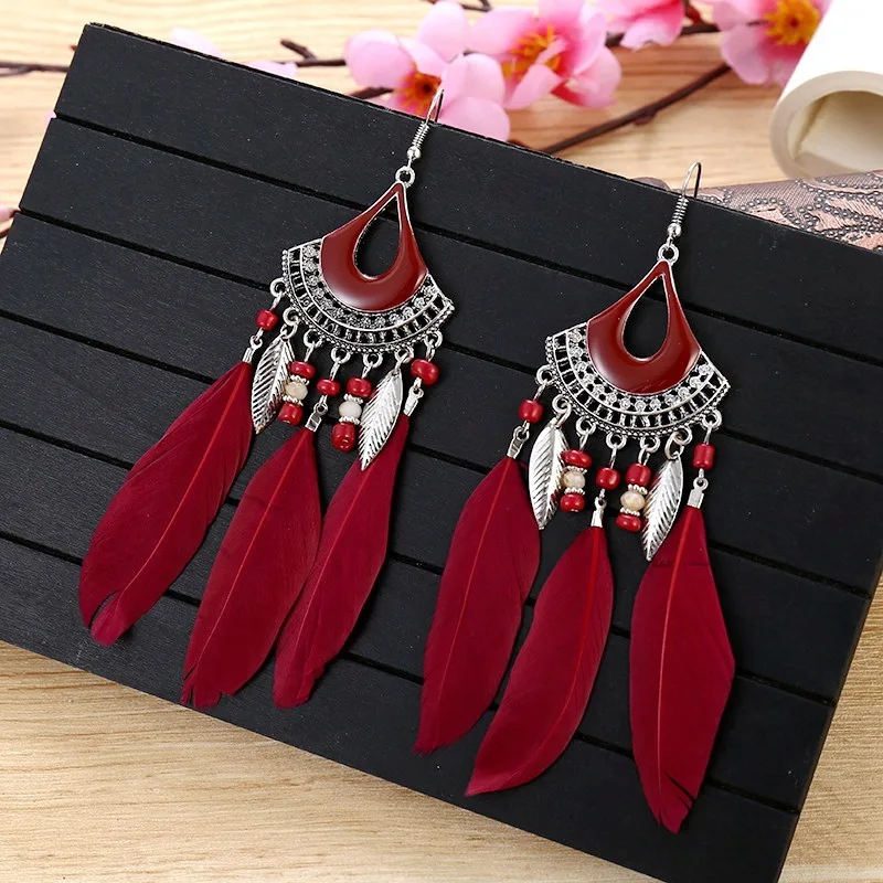 

Vintage Red Feather Beads Tassel Earrings For Women Retro Bohemia Sector Enamel Ear Drop Long Dangle Earrings Fashion Jewelry