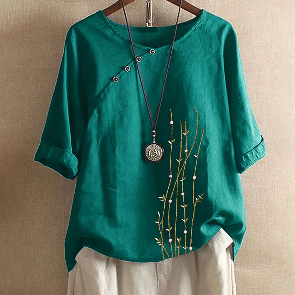 Женская блуза свободного кроя с цветочной вышивкой Кнопка размера плюс Boho Tanic