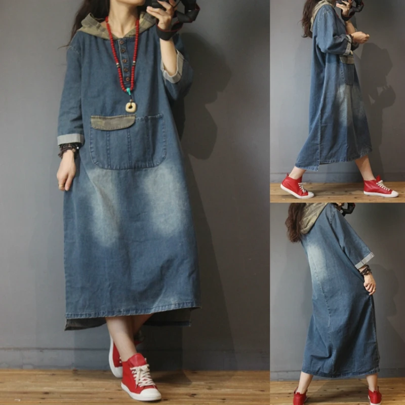 

Plus Size Hooded Denim Dresses Long Sleeve Jean Pockets Vestidos Baggy Vintage Patchwork Hooded Loose Cowboy Dresses
