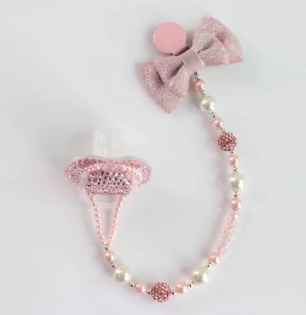 pink bow pink paci На заказ стеклянные хрустальные детские соски с зажимами, бисероплетение, бриллиантовый бант, соски с цепочкой для новорожденных, детские подарки на день рождения, сувенир - Цвет: pink bow pink paci