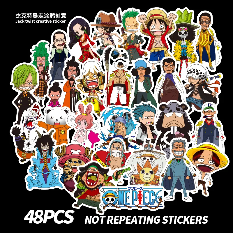 

48pcs Kawaii One Piece Luffy Cartoon Graffiti Stickers Mobile Phone Computer Skateboard Guitar Waterproof Stickers