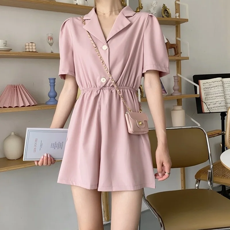 

Rompers Women Turn-down Collar Simple Solid Button High Elastic Waist Short Sleeve Womens Fashion Chic Leisure Slim Ulzzang Ins