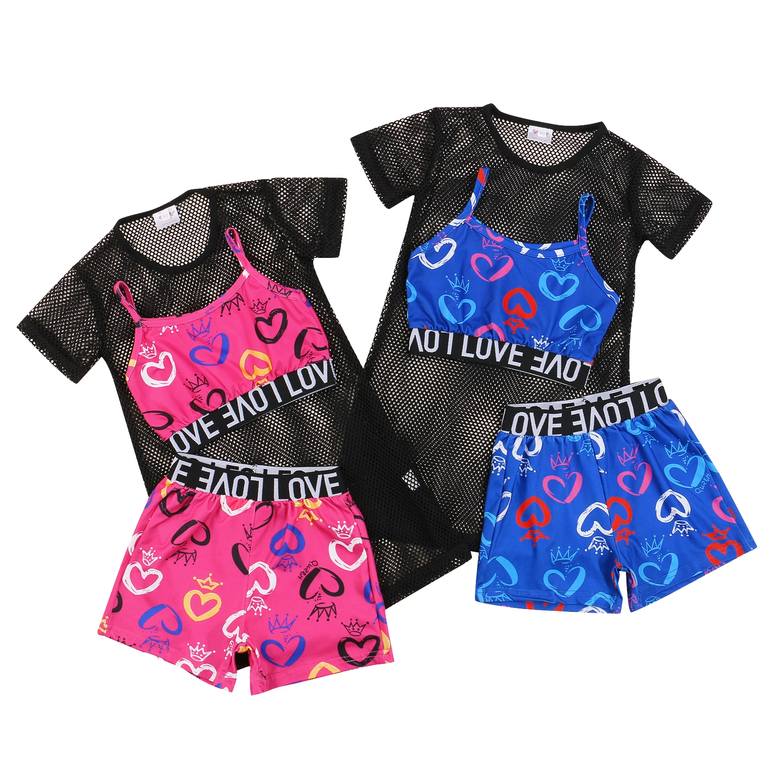 

New Infant Toddler Newborn Baby Girls Clothes Set Short Sleeve Mesh T Shirt Print Crop Tank Tops and Shorts Clothes Set 3Pcs
