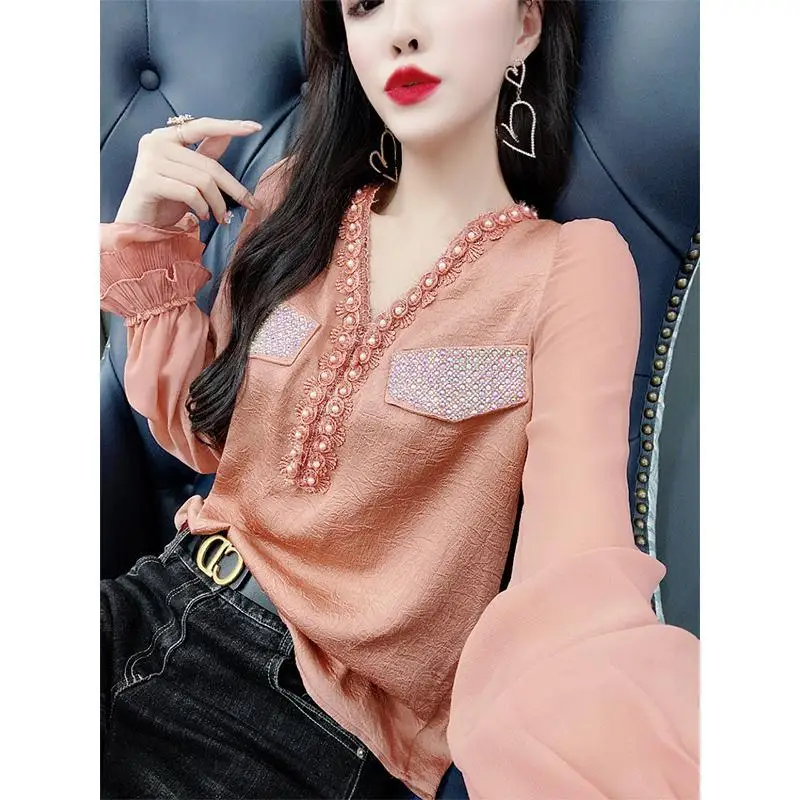 

Spring new style V-neck black shirt with stitched beads for women