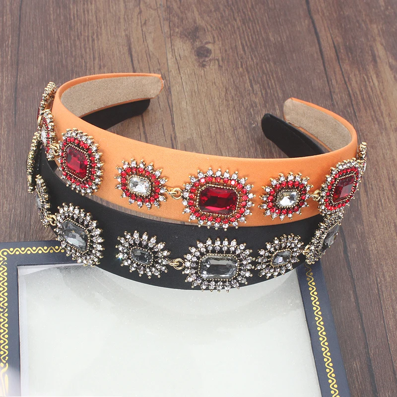 Wide Vinatge Baroque Luxury Red Crystal Tiara Queen Headband Sparkly Rhinestone Hairband For Women Wedding Hair Accessories