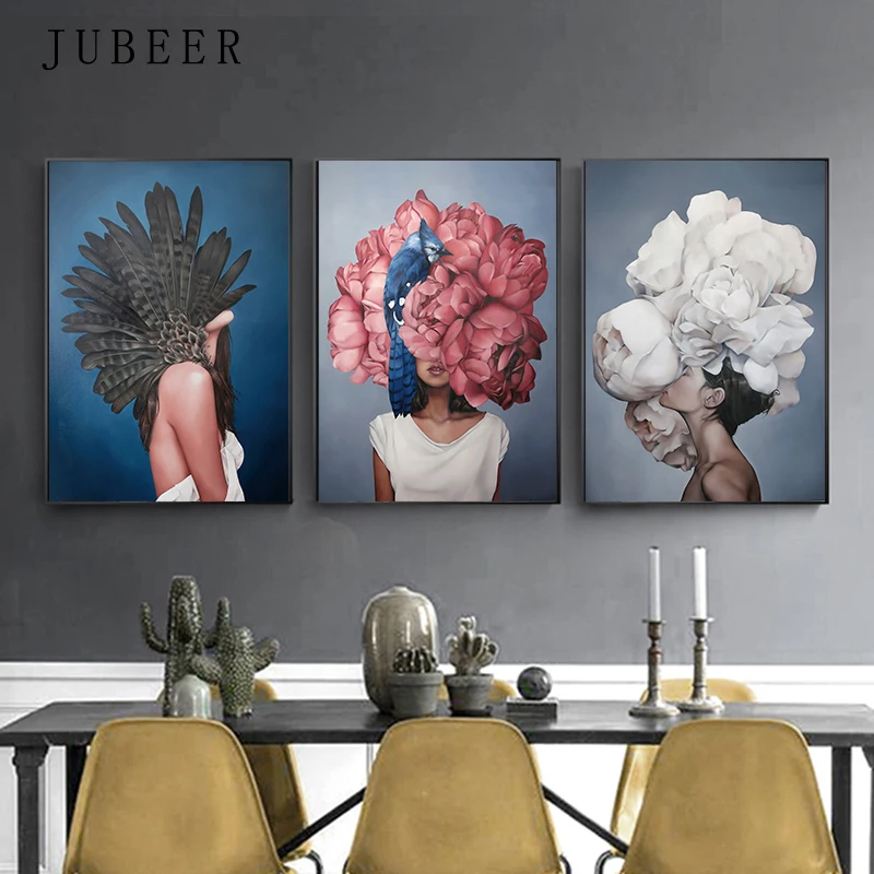 Цветы перышки Женская Абстрактная Картина на холсте настенное художественное