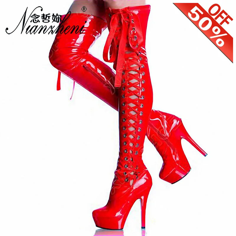 

Sexy Red Crystal Platform Round toe Thin heels Over the knee Boots 6 inches Riband Zipper 15cm High heeled shoes Cross dressing