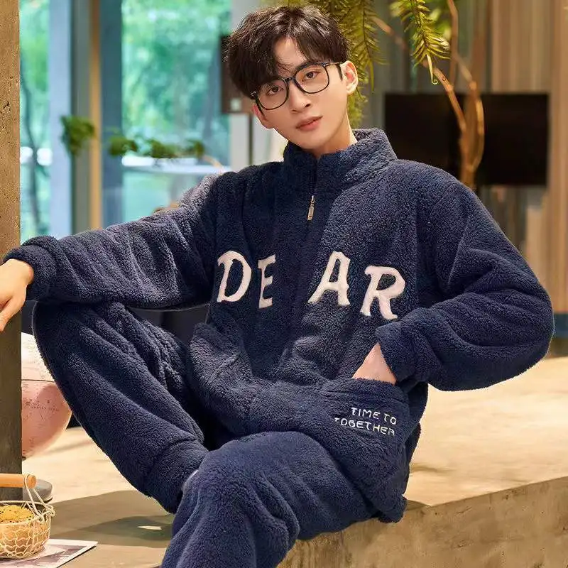 Pajamas Sets For Men Winter Thicken Warm Coral Velvet Sleepwear 2 Piece Flannel Home Suit Soft Nightwear Homewear Home Cloth