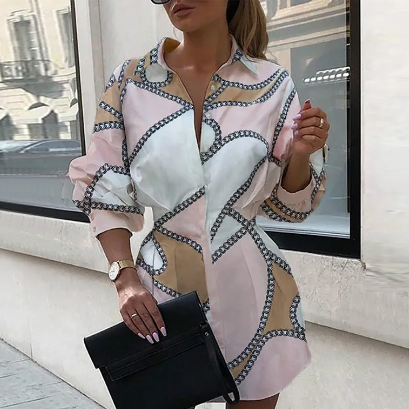 

Women Lantern Sleeve Shirt Dress Tight Waist Turn Down Collar Chain Printing Long Sleeve Summer Fashion Casual Button Dress