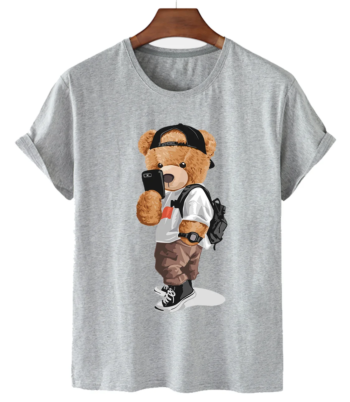 High-quality Street Selfie Bear Print Cotton Short-sleeved O-neck Loose Casual Top T-shirt Female Oversized T-shirt Couple S-3XL