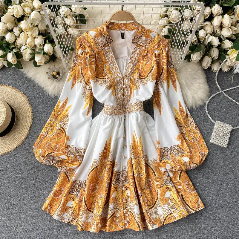 

Spring Retro Print Female V-neck Puff Sleeve Waist Slim Single-breasted Mini Dress Woman Dress Dress Autumn