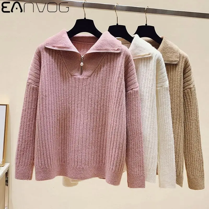 

Женский трикотажный свитер-водолазка, однотонный Свободный пуловер на молнии, повседневный джемпер, Осень-зима 2021