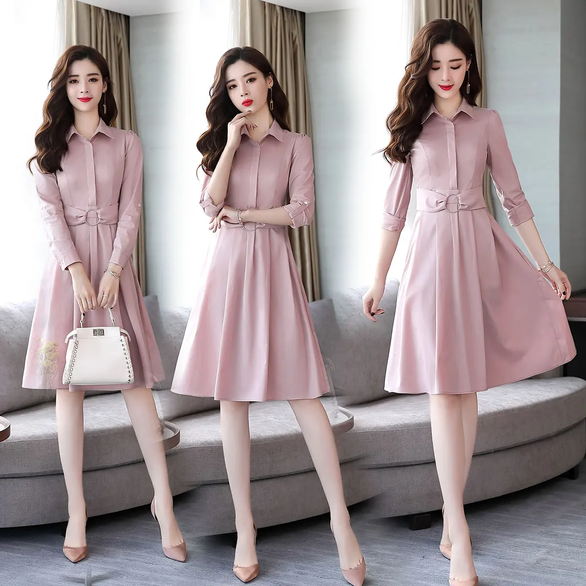 

Elegant Nine points sleeve women dress fashion lapel female dresses Autumn slim party dress women A-line dress vestidos