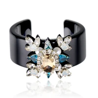 hahatoto trendy black resin bangle cuff bracelet inlaid handmade crystal beaded flower statement bracelet women jewelry 3325