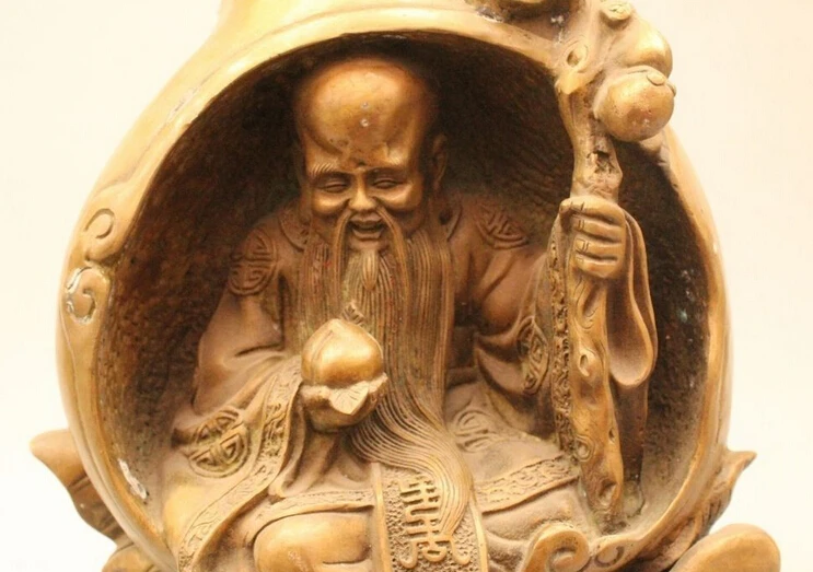 Статуя богатства 13 дюймов Китайская народная бронзовая персиковый журавль