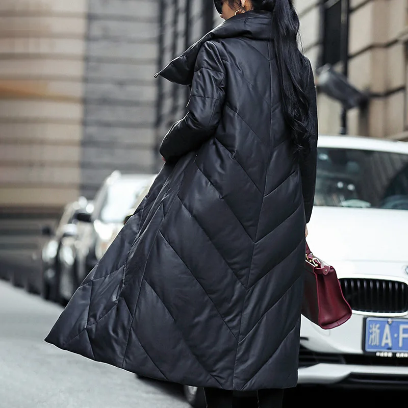 Женское длинное пальто на белом утином пуху куртка из натуральной овечьей кожи