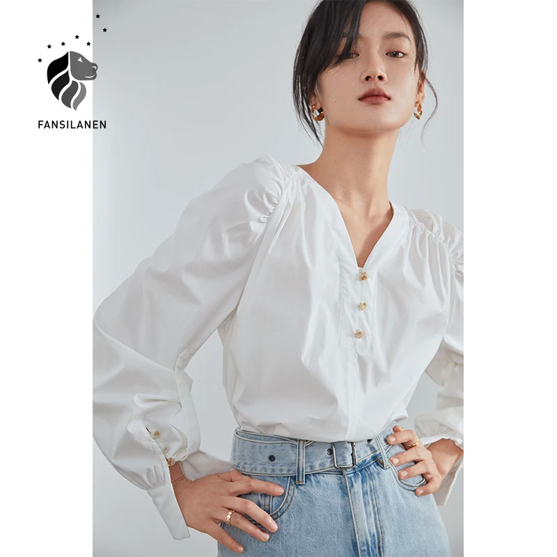 

FANSILANEN Vintage puff sleeve white blouse shirt Women v neck cotton casual black shirt Spring side split elegtant female top