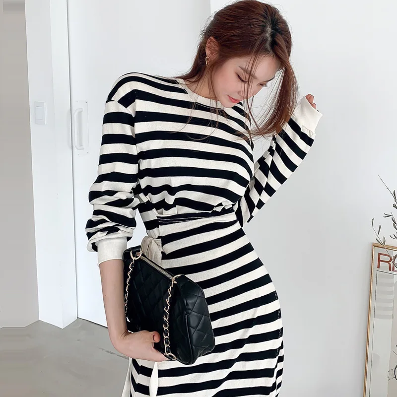 

autumn new style Korean temperament slit lace waist knitted striped casual dress knitting Cotton Office Lady