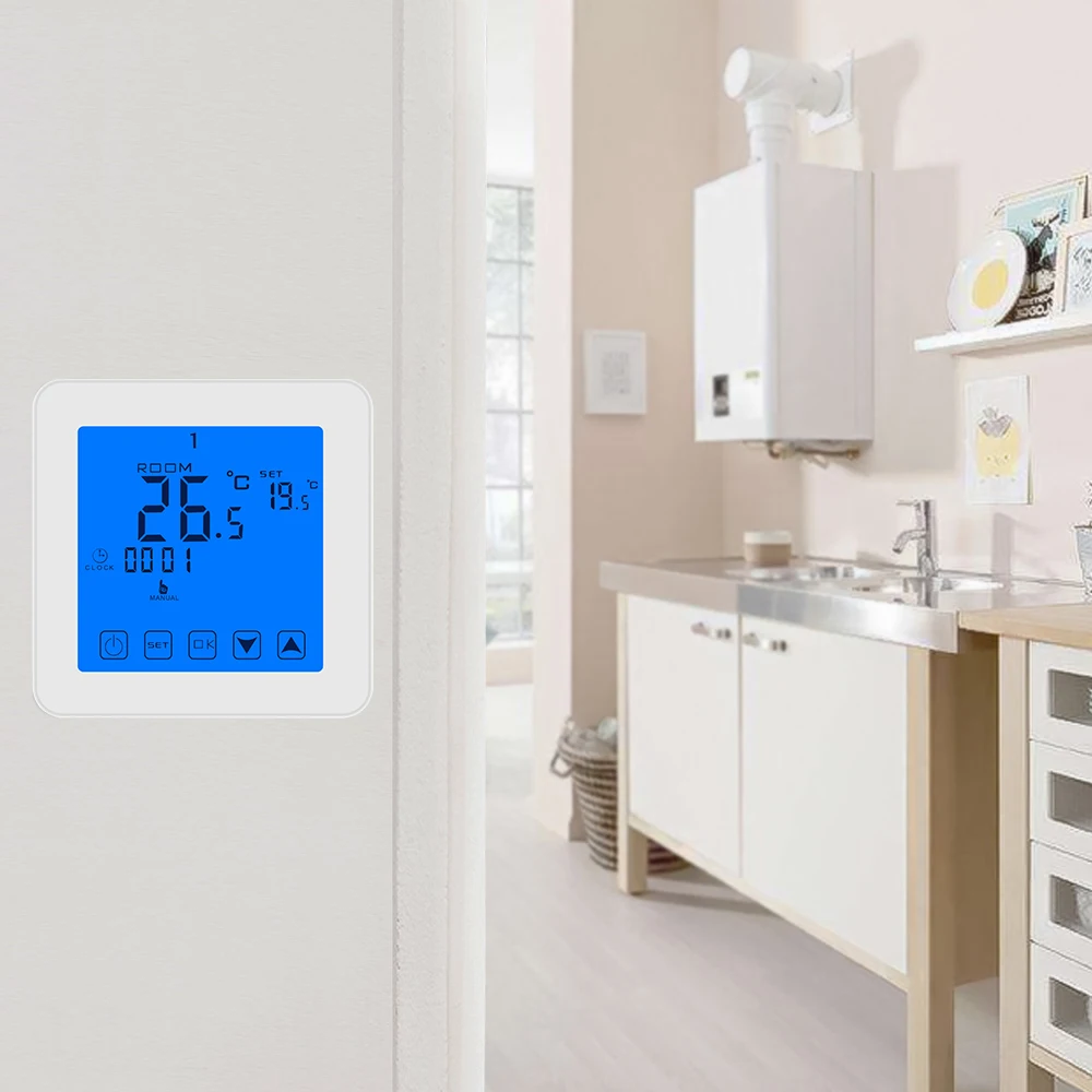 Практичный домашний термостат для котла с синей подсветкой и сенсорной кнопкой