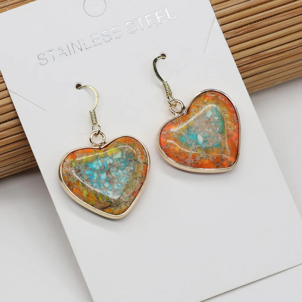 

New Arrival Colorful Imperial Natural Stone Heart Shape Earrings Fashion Trendy Drop Earring Party Wedding Jewelry for Women