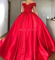 2019 vestidos off the shoulder red ball gown quinceanera dresses appliques beaded satin corset lace up prom dresses sweet 16