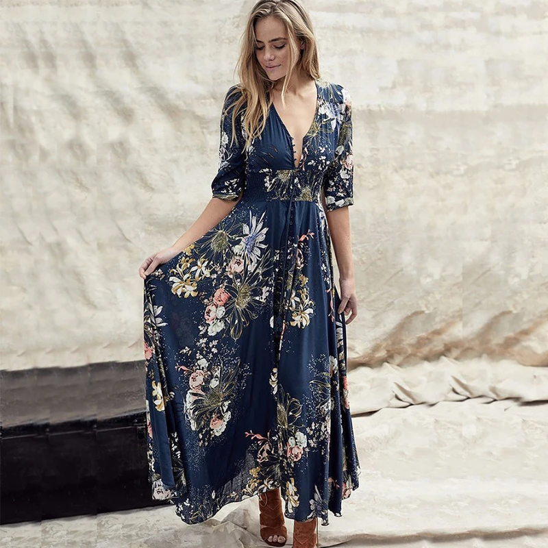

2021 Ladies Long Skirt Floral Print Summer Beach Chiffon Dress Bohemian Long Sleeve Retro Holiday Banquet Dress